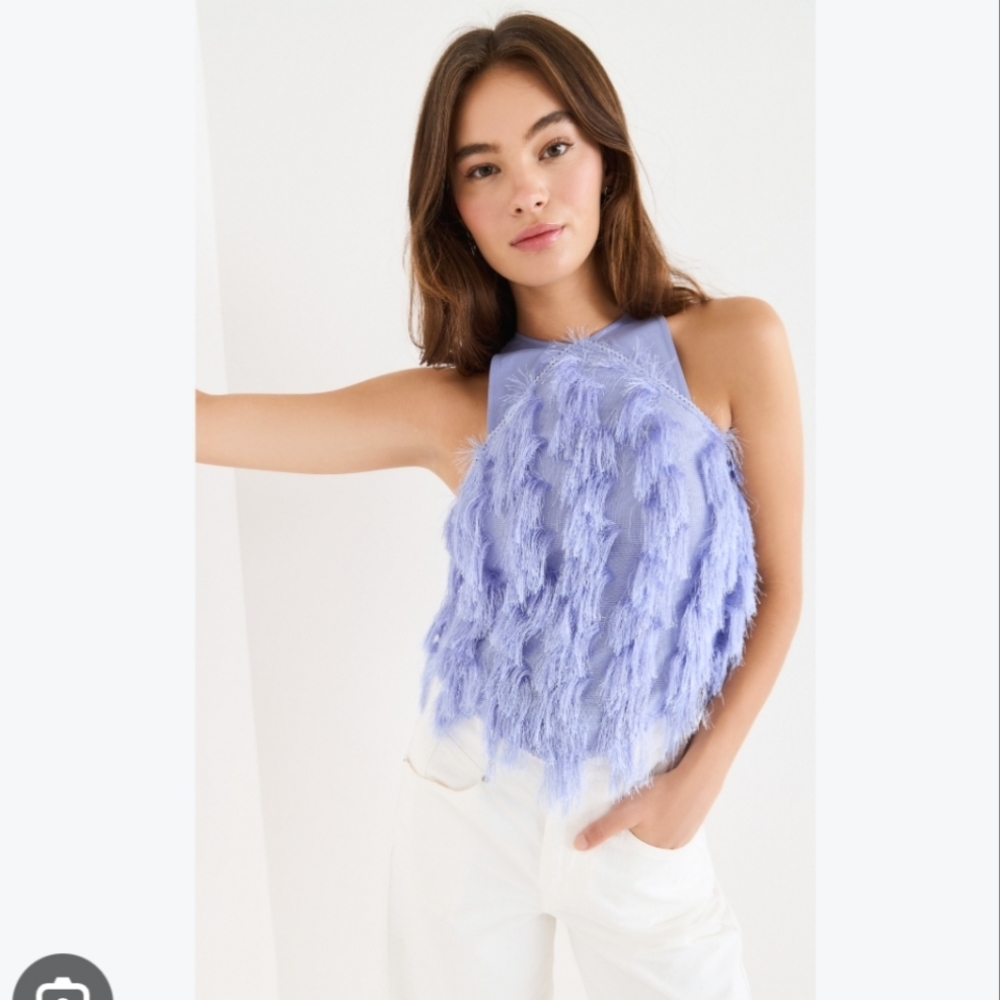 Ganni Size 40 L Purple Lavender Fringe Mesh Cami Blouse Top